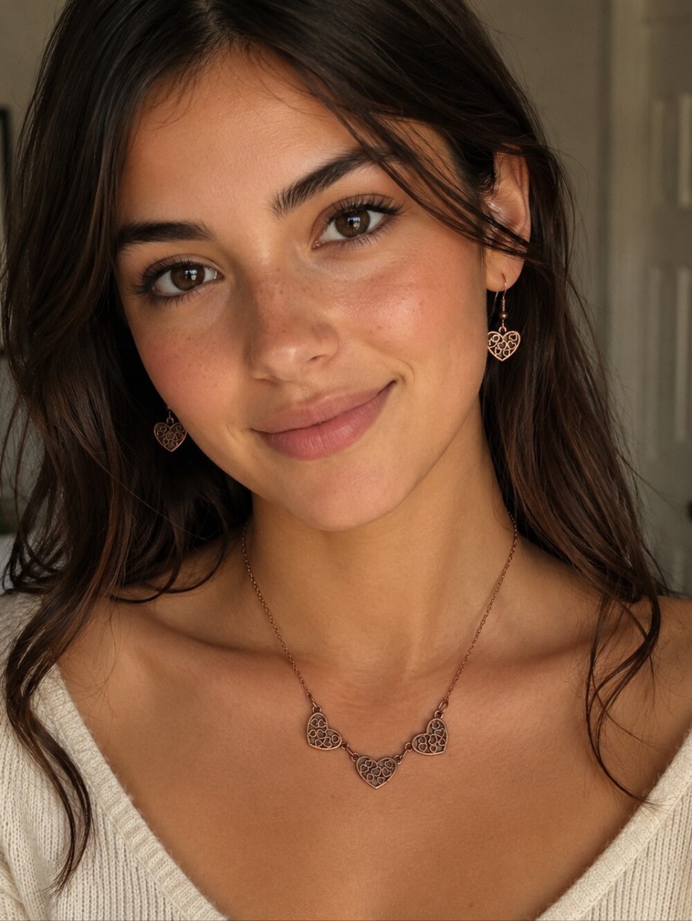 Heart Filigree Necklace & Earring Set - Antique Copper